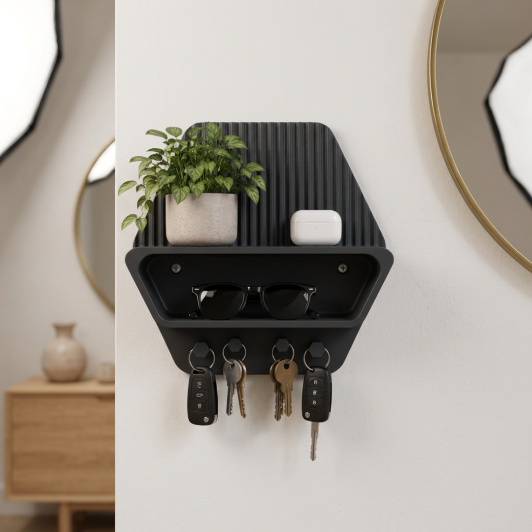 Portaoggetti da parete esagonale 3D LEOTREDDI con ganci per chiavi e accessori, mensola moderna per casa.