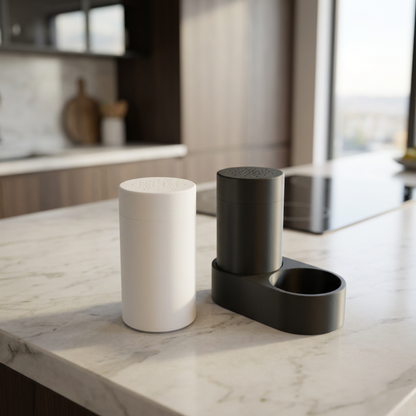 Set saliera e pepiera con supporto moderno, design minimalista 2 in 1, accessori per la casa di marca LEOTREDDI.