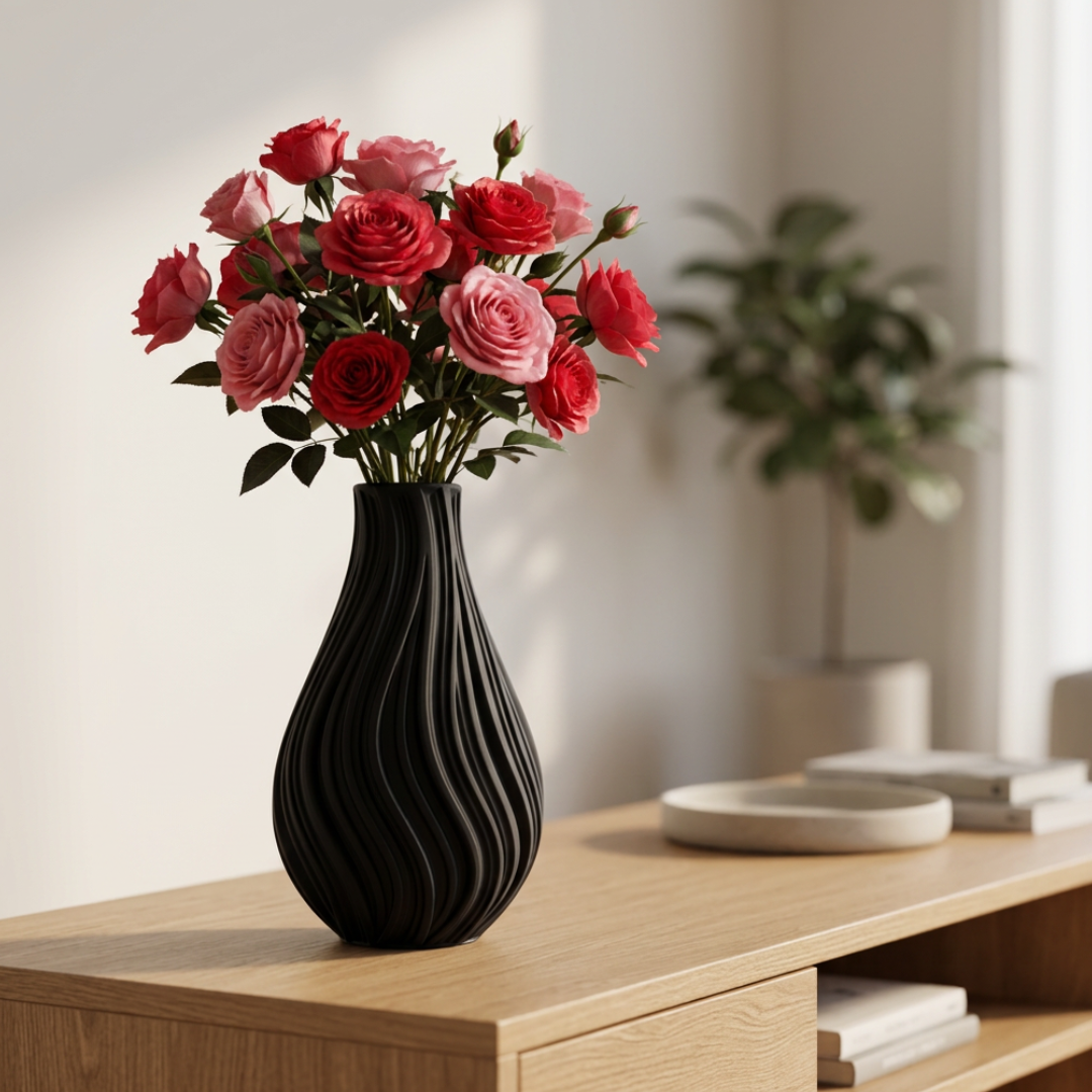 Vaso decorativo ondulato nero di LEOTREDDI con design moderno effetto scultura 3D per la casa.