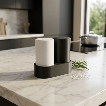 Set saliera e pepiera LEOTREDDI con supporto moderno, design minimalista, ideale per la cucina e la tavola.