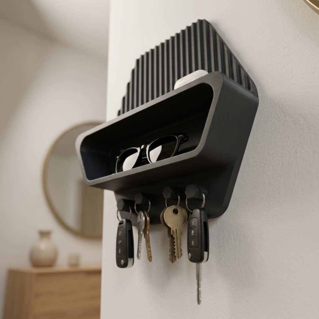 Mensola portaoggetti da parete esagonale 3D LEOTREDDI con ganci per chiavi e accessori, ideale per l'organizzazione domestica.