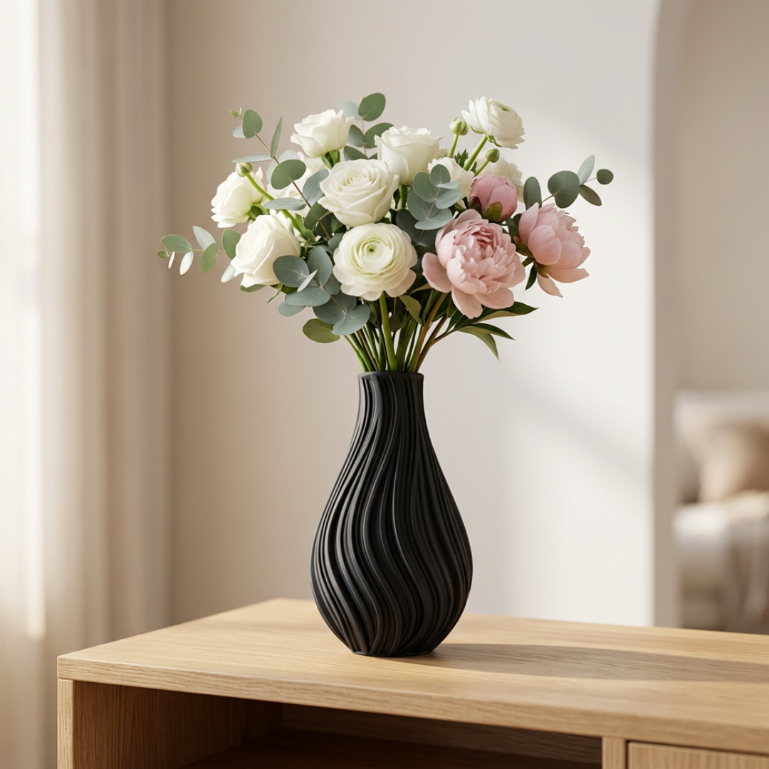 Vaso decorativo ondulato nero in stile scultura 3D, elemento di design moderno per la casa, marca Leotreddi.