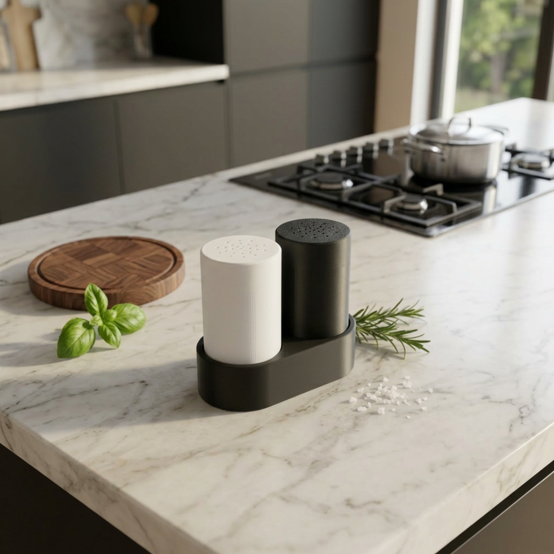 Set saliera e pepiera con supporto moderno in design minimal, ideale per la casa, marchio LEOTREDDI.