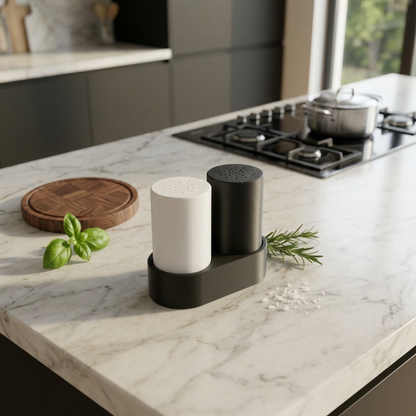Set saliera e pepiera con supporto moderno in design minimal, ideale per la casa, marchio LEOTREDDI.