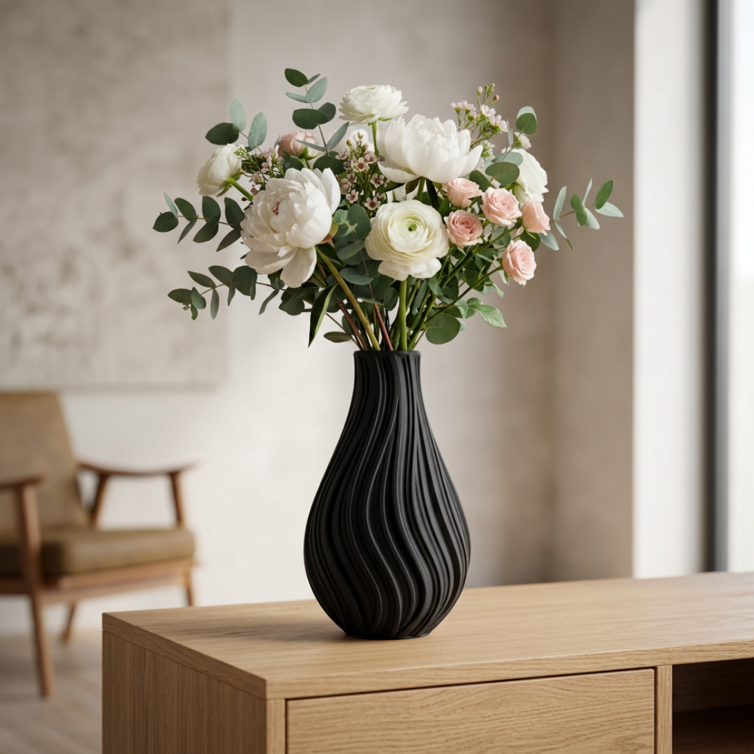 Vaso decorativo ondulato nero in stile scultura moderna, con effetto 3D, per la casa, marca LEOTREDDI