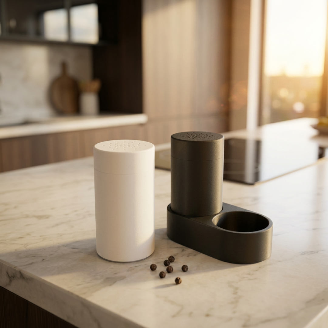 Set saliera e pepiera con supporto moderno, design minimal, accessori per la casa di marca LEOTREDDI, ensemble elegante e funzionale.