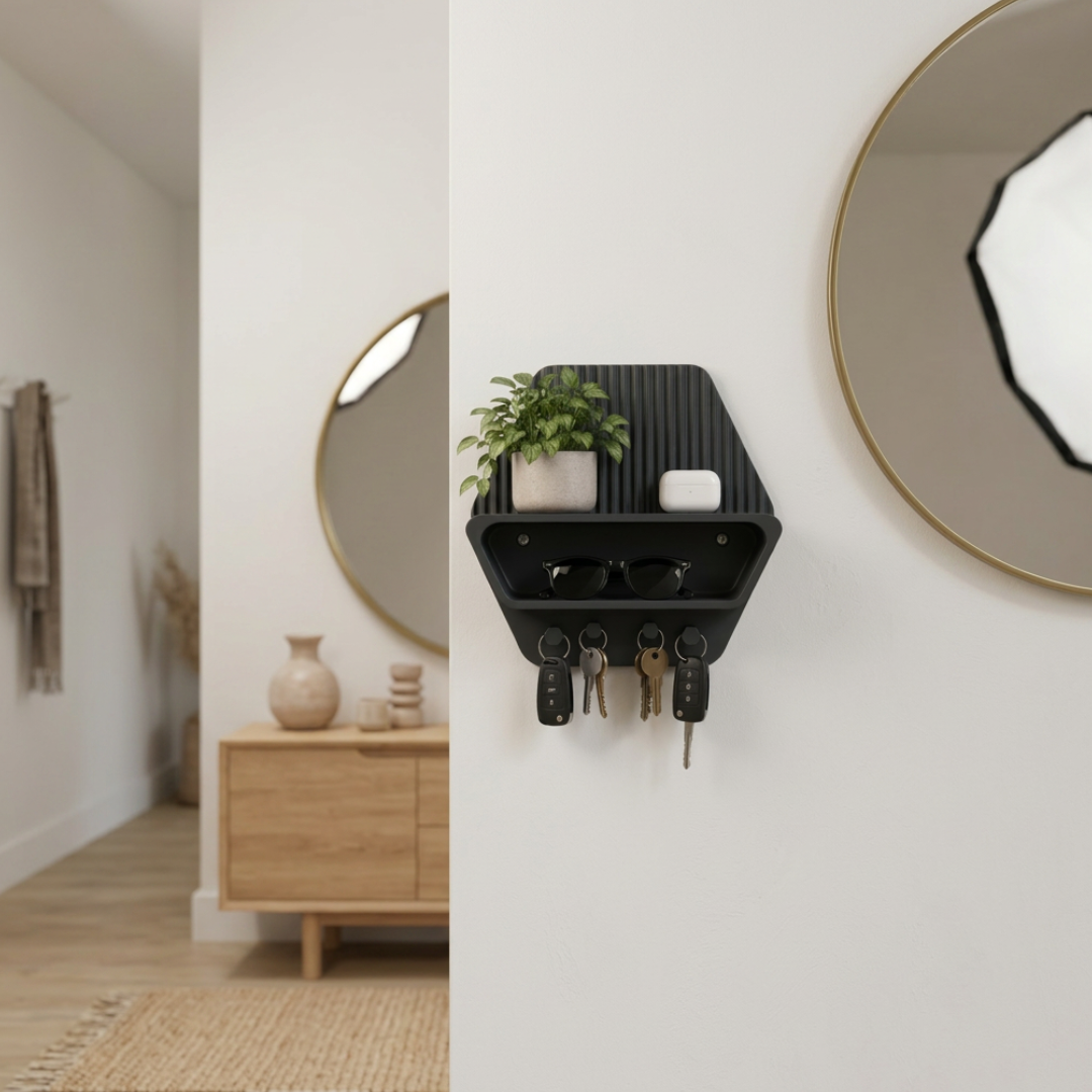 Mensola portaoggetti a forma esagonale 3D con ganci per chiavi e accessori, decorativa e funzionale per la casa LEOTREDDI
