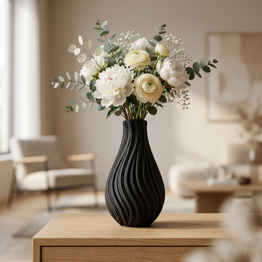 Vaso decorativo ondulato nero di LEOTREDDI, design moderno con effetto scultura 3D per arredo casa elegante.