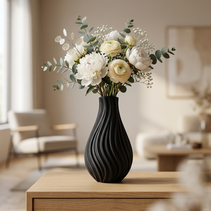 Vaso decorativo ondulato nero di LEOTREDDI, design moderno con effetto scultura 3D per arredo casa elegante.