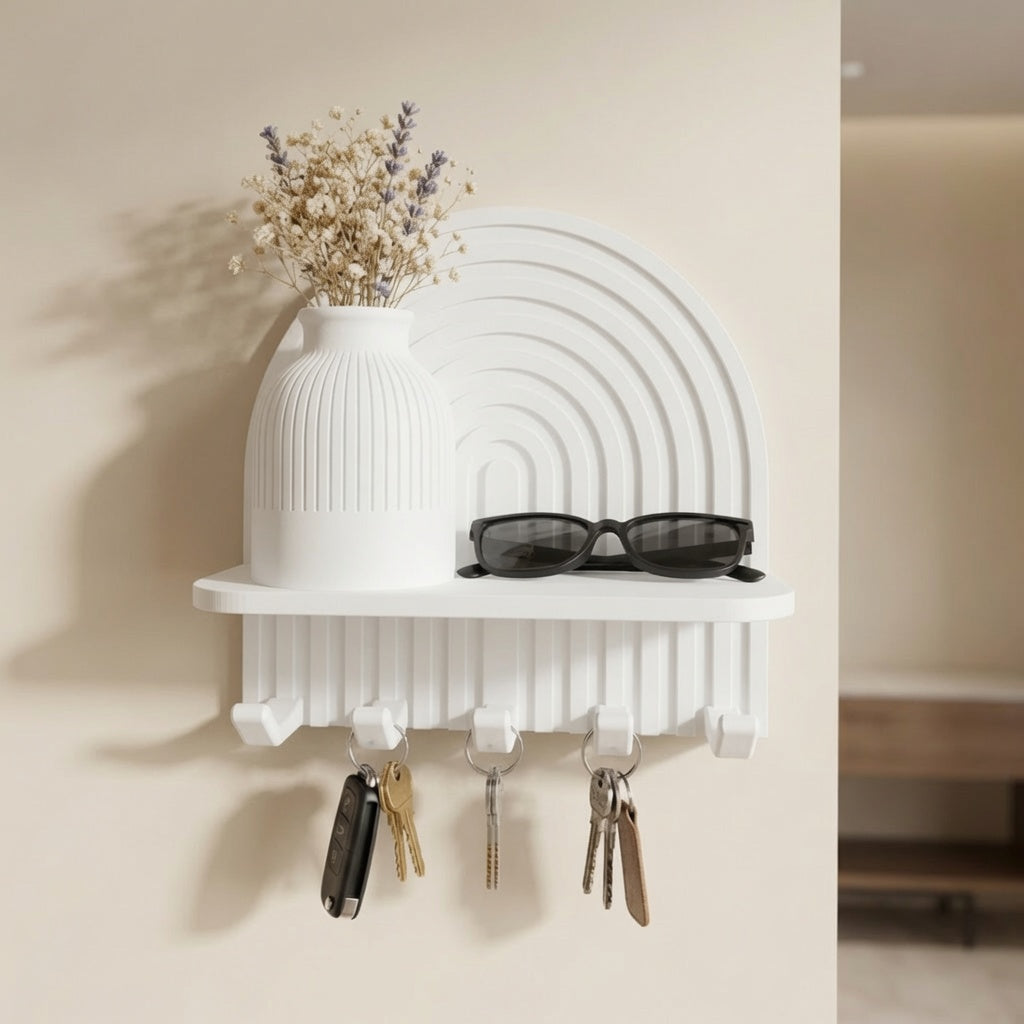 Portachiavi con mensola 3D LEOTREDDI per la casa, supporto multifunzione da parete con appendichiavi e spazio per oggetti.