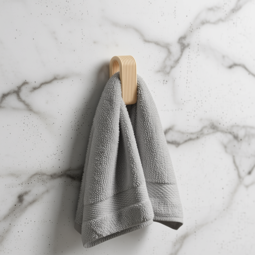 Ganci appendiabiti per asciugamani LEOTREDDI, design minimal 3D con costine eleganti, ideale per bagno in marmo.