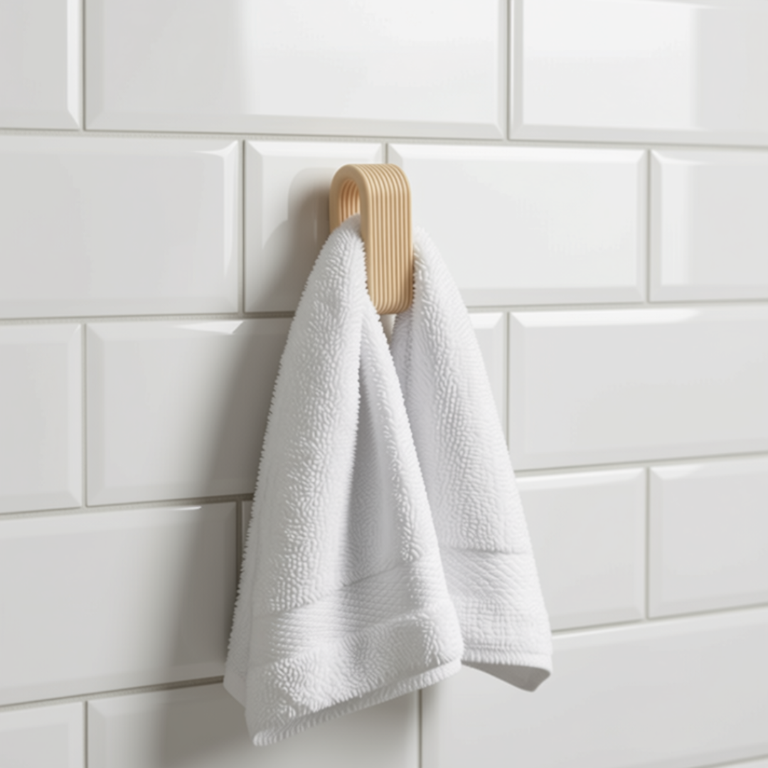 Ganci appendiasciugamani minimal 3D LEOTREDDI con design costine eleganti per la cucina, su piastrelle bianche.