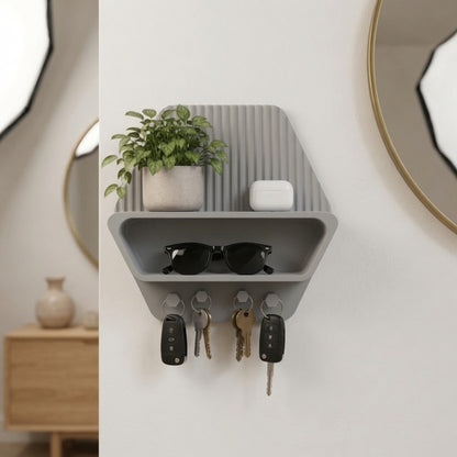 Mensola portaoggetti da parete esagonale 3D LEOTREDDI con ganci per chiavi e accessori, ideale per l'organizzazione domestica.