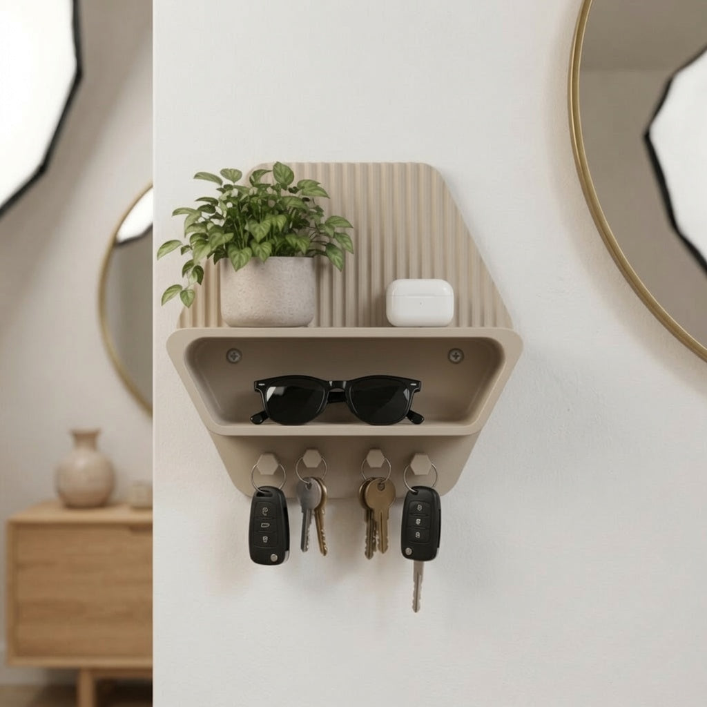 Mensola portaoggetti da parete esagonale 3D LEOTREDDI con ganci per chiavi e accessori, decorativa e funzionale per la casa