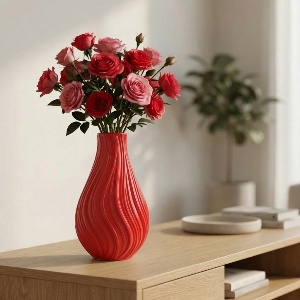 Vaso decorativo ondulato nero di LEOTREDDI, design moderno con effetto scultura 3D, perfetto per la casa elegante.