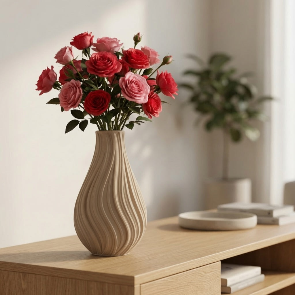 Vaso decorativo ondulato nero con effetto scultura 3D, design moderno per la casa, brand LEOTREDDI.