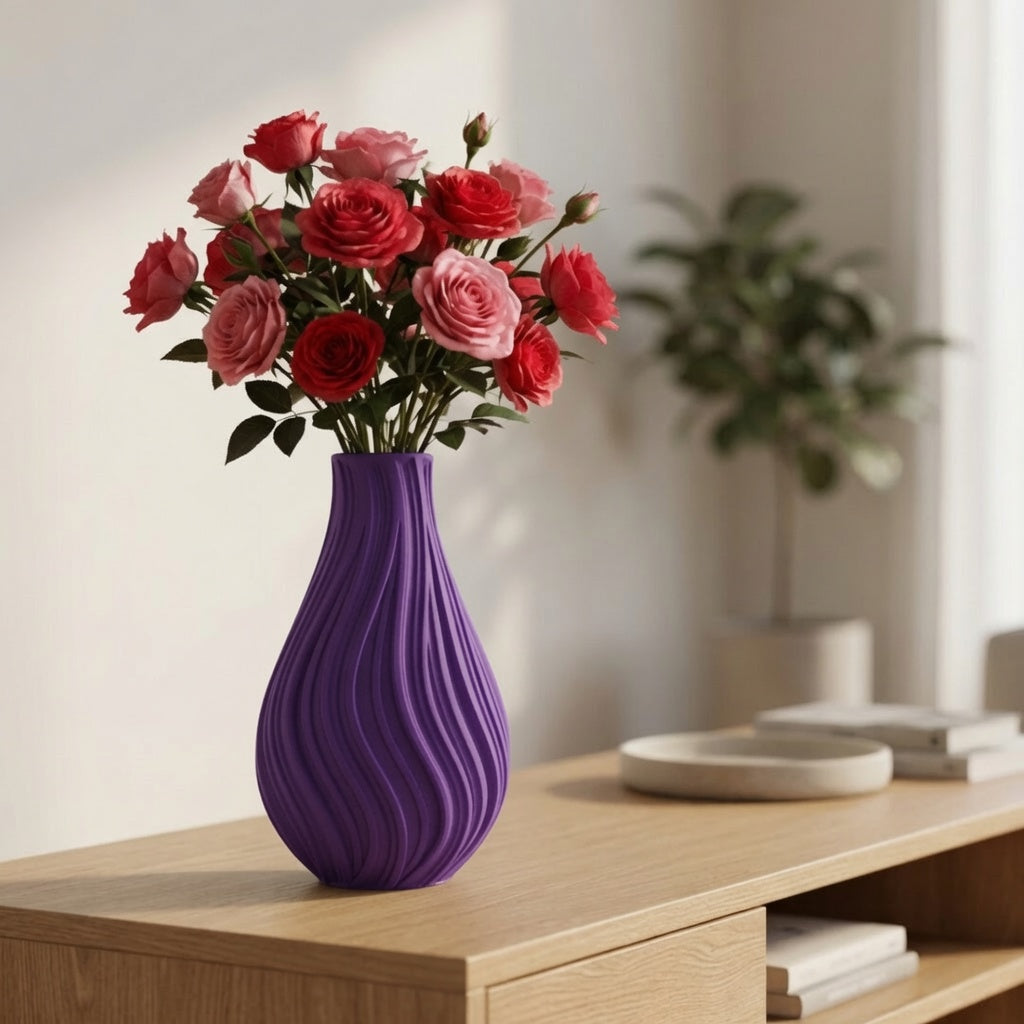 Vaso decorativo ondulato nero di design moderno con effetto scultura 3D, ideale per arredi di casa.
