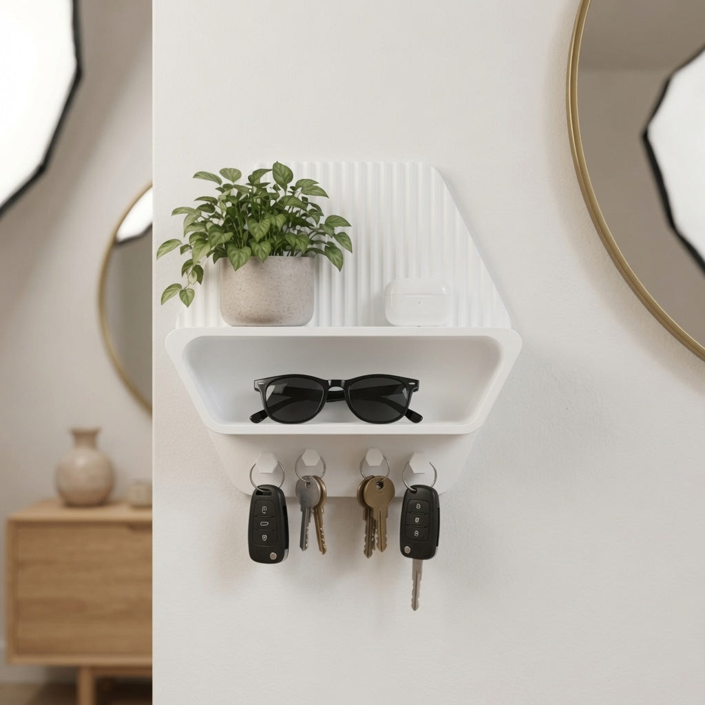 Mensola portaoggetti da parete esagonale 3D LEOTREDDI con ganci per chiavi e accessori, ideale per la casa.