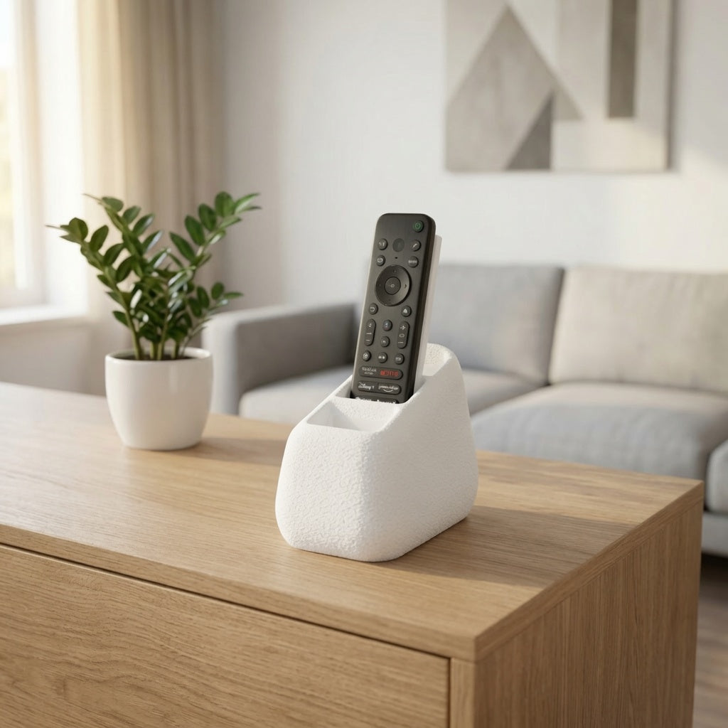 Porta telecomandi a 3 slot in pietra effetto cemento, organizer moderno per TV, design elegante e funzionale di LEOTREDDI.