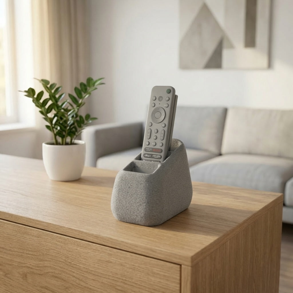 Porta telecomandi a 3 slot in pietra effetto cemento, organizer moderno per la casa, compatto e funzionale.