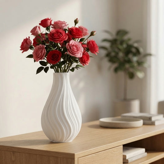 Vaso decorativo ondulato nero di LEOTREDDI, design moderno con effetto scultura 3D, perfetto per l'arredo casa.